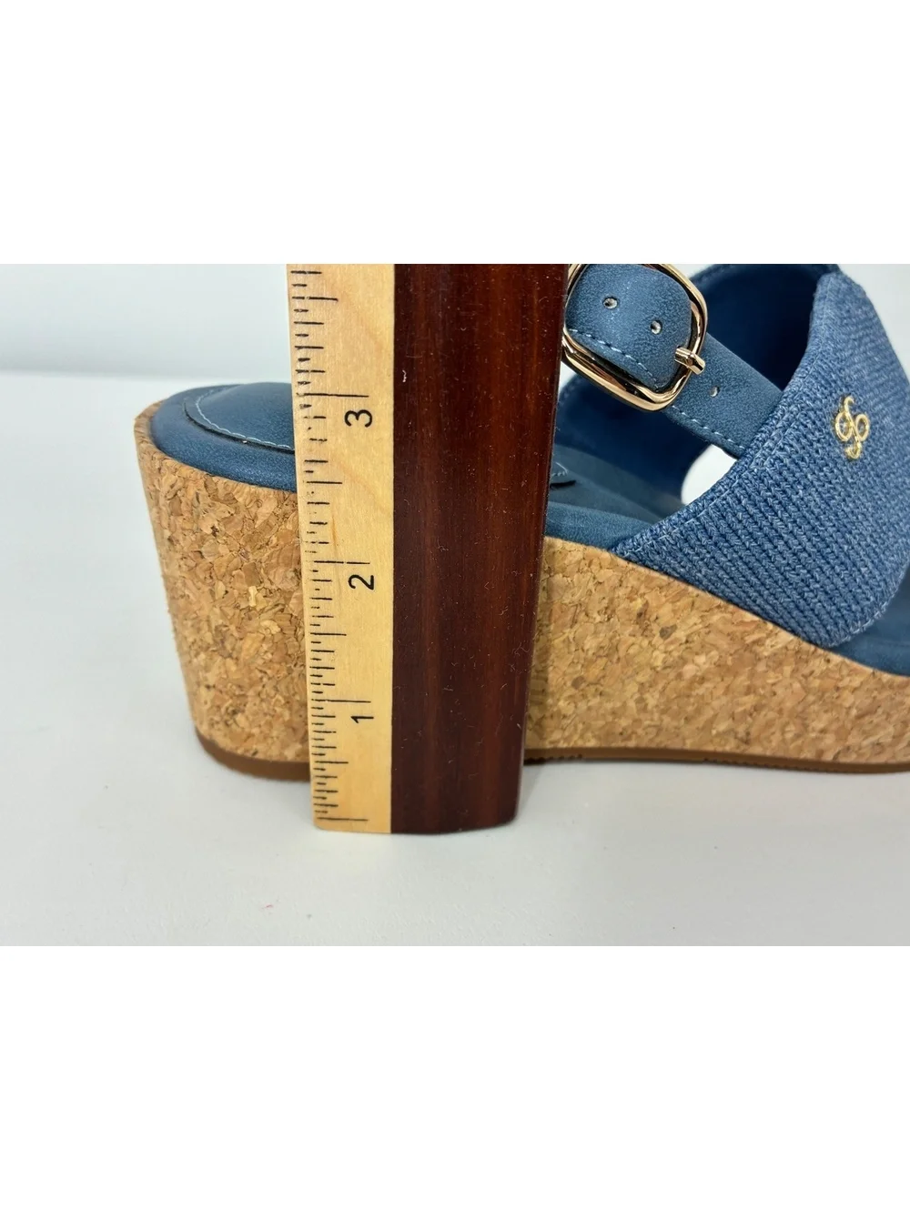 Cosy Island CorkLuxe H-Band Square Toe Blue Fabric Wedge Sandal Women's Size 7